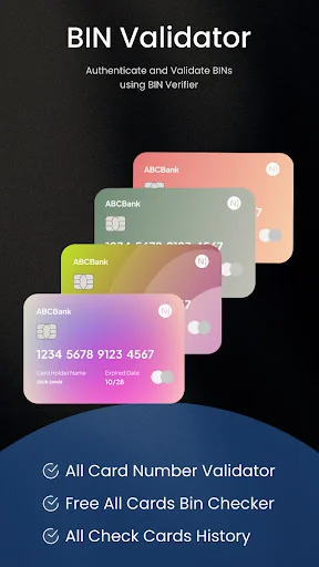 BIN validator screen displaying multiple cards with authentication features and card number validation capabilities