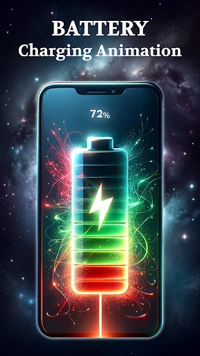 Fast charging animation with neon battery effect, 72% charge level, colorful glowing particles on cosmic background