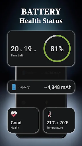 Battery health status card displaying charge percentage, mAh capacity, device health, and temperature