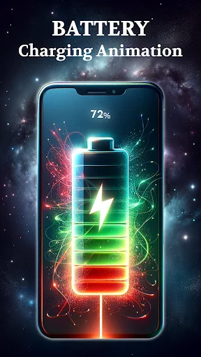 Vibrant neon battery animation with 72% charge level and dynamic colorful lightning effects on phone