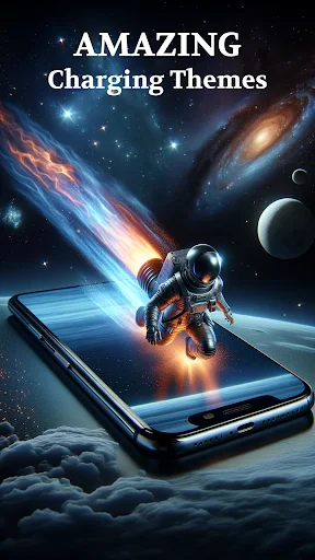 Space themed charging animation featuring astronaut propelled by cosmic energy and background effects