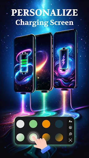 Phone personalization options displaying multiple charging screen designs and color customization tools