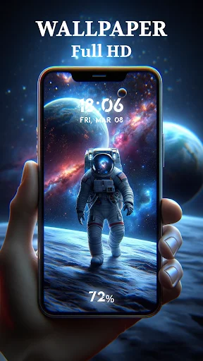 Astronaut HD wallpaper lock screen showing time, date, battery percentage, and space cosmic background