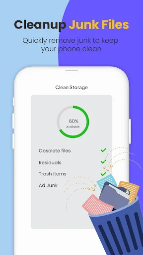 Junk file cleaner with 60% progress cleaning obsolete files, residuals, trash items, and ad junk from phone
