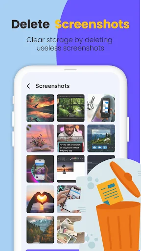 Cleanup Space screenshots gallery showing device screenshot thumbnails with delete option to clear unwanted screenshots and storage