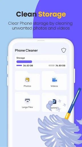 Storage Cleaner dashboard displaying 34.63 GB used space with cleanup categories for photos, videos, and large files