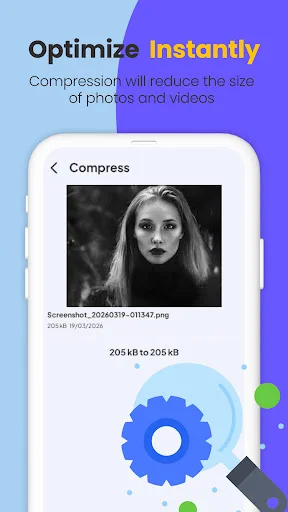 Image compression tool reducing photo file size from 205 kB to minimize storage usage on Android phone