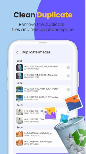 Duplicate photo detector organizing similar images in groups to identify and delete duplicate files and save space