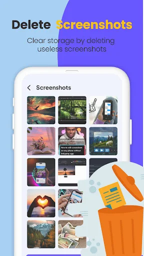 Screenshot manager showing thumbnail grid of saved screenshots available for bulk deletion to free device storage