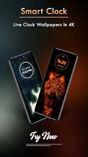 Smart Watch Clock Wallpaper app featuring 4K live clock designs with moon and tiger-themed wallpaper options