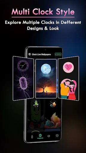 Multi Clock Style feature showcasing diverse digital and analog clock designs in different artistic themes