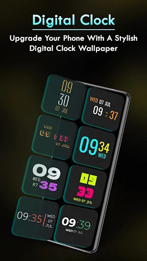 Digital Clock styles featuring neon colorful designs with multiple time display variations and formats