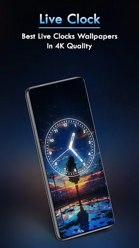 Live Clock 4K wallpaper featuring analog clock with scenic cityscape and stunning sunset background