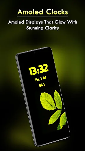 Amoled Clock wallpaper with bright digital time display, battery info, and glowing nature design elements