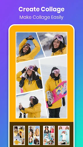 Collage Maker app interface showing 'Create Collage' feature with 6-photo grid layout of skiing photos and template options