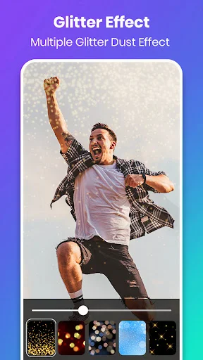Photo editor 'Glitter Effect' screen with man jumping, showing sparkle overlay options and multiple glitter dust effects