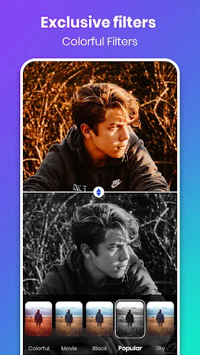 Exclusive colorful photo filters interface displaying portrait before/after comparison with filter options like Movie, Black