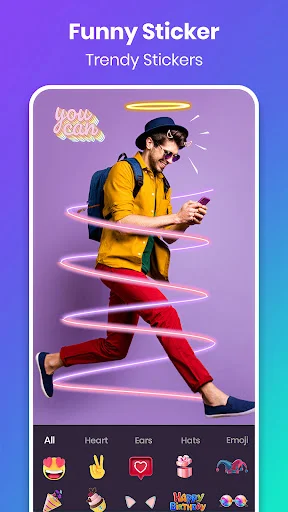 Funny sticker editor showing person with trendy spiral light effect and emoji sticker categories like Heart, Ears, Hats