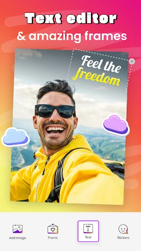 Text editor and decorative frames tool with text overlay and frame design options for personalized photo editing