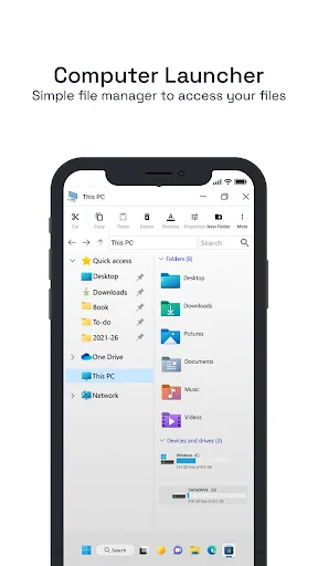 Computer Launcher file manager interface showing folders and documents in Windows-style desktop view on phone