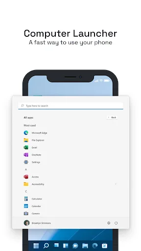 Computer Launcher app drawer with search bar displaying all installed apps in organized list with Windows UI design
