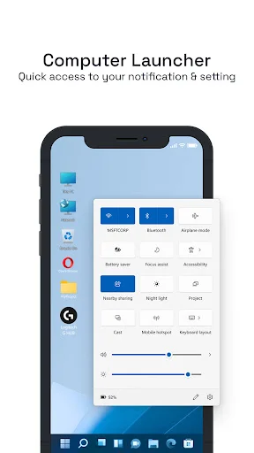 Computer Launcher quick settings panel showing WiFi, Bluetooth, airplane mode toggles and brightness controls