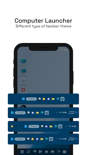 Computer Launcher taskbar theme customization options showing different Windows-style taskbar layouts for phone