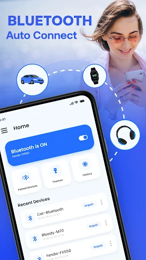 Bluetooth app home screen showing Bluetooth ON toggle, Paired Devices tab, Bluetooth tab, History, and Recent Devices list including Car Bluetooth, Blocody-M70, and Fenix-FX550 devices