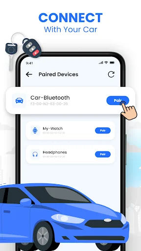Car connectivity screen showing Paired Devices list with Car Bluetooth system and related accessories for vehicle audio pairing