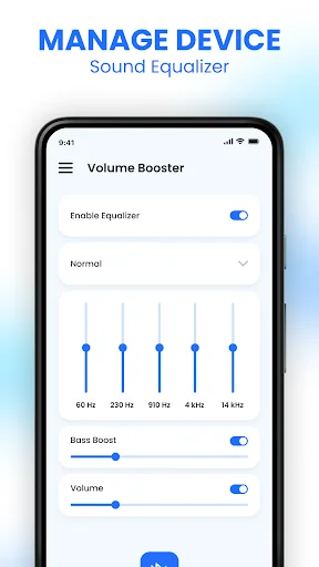 Sound equalizer tool managing Bluetooth device audio with Emotion Equalizer toggle, Normal mode, frequency sliders, Bass Boost, and Volume control