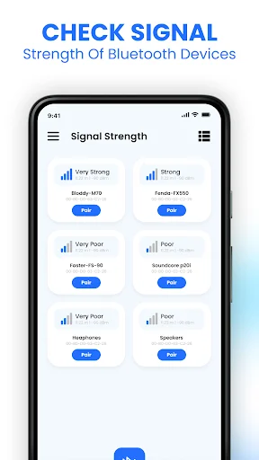 Signal strength monitor displaying connection quality indicators for paired Bluetooth devices showing Very Strong, Strong, and Poor signal levels