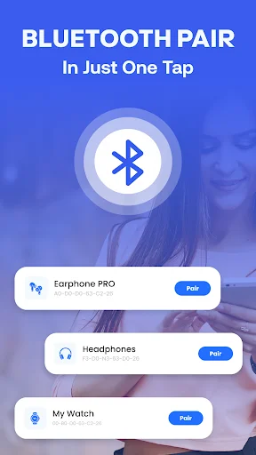 Bluetooth pairing interface displaying available devices including Earphone PRO, Headphones, and My Watch with individual one-tap Pair buttons for quick connection