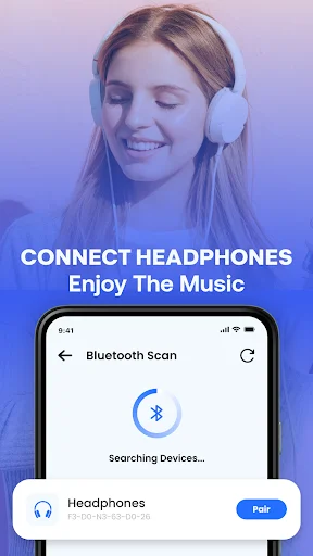 Bluetooth device scanner with search progress spinner showing Searching Devices status and Headphones device card with Pair button for audio connection