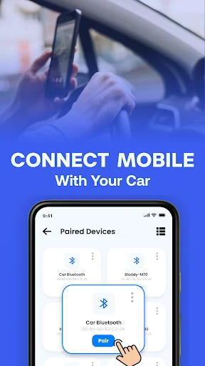 Car Bluetooth pairing screen showing Paired Devices list with Car Bluetooth and Blocody-M70 devices and Pair buttons for vehicle audio connection