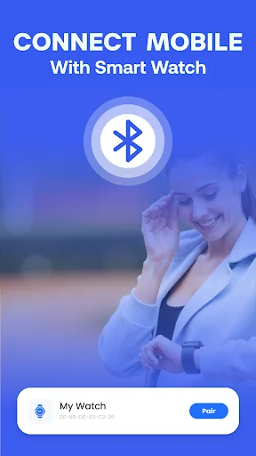Smartwatch pairing interface displaying My Watch device card with Pair button and Bluetooth symbol for wearable device connection