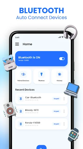 Auto Connect app home screen displaying Bluetooth ON status, Paired Devices, Bluetooth, History tabs, and Recent Devices list with multiple connected Bluetooth devices