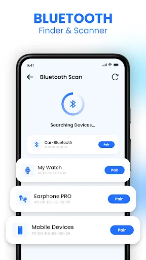 Bluetooth finder and scanner screen showing searching progress with device results including Car Bluetooth, My Watch, Earphone PRO, Mobile Devices with Pair buttons
