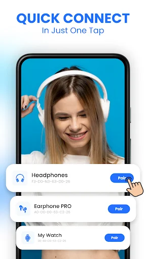 Quick connect pairing interface enabling one-tap connection to nearby Bluetooth devices including Headphones, Earphone PRO, and My Watch