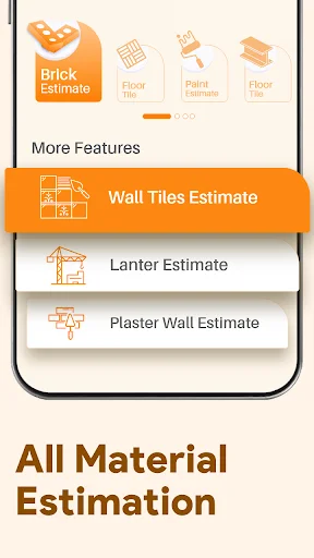 Construction cost estimator app features menu displaying wall tiles, lantor, and plaster wall estimation options
