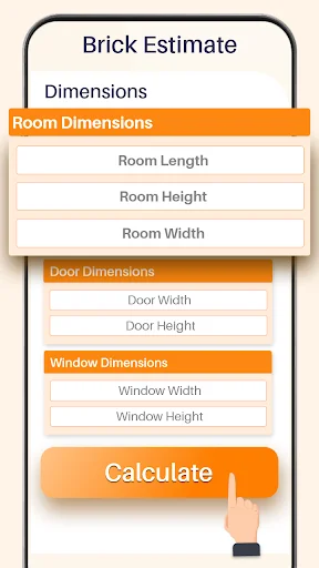 Brick estimate calculator screen with input fields for room, door, and window dimensions plus calculate button