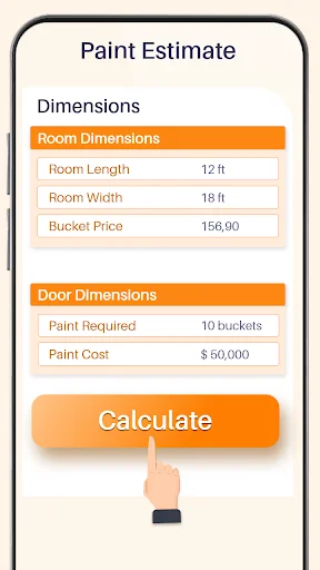 Paint estimate tool showing room dimensions, bucket price, and paint cost calculation of $50,000 for 10 buckets