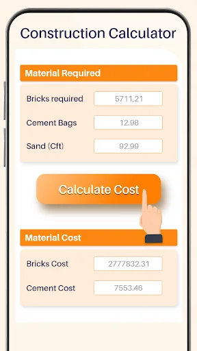 Construction material calculator results displaying bricks, cement bags, sand quantities and total cost breakdown