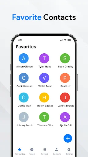 Contacts & Phone Call app Favorite Contacts screen showing 9 starred contacts with colored avatar circles and add button