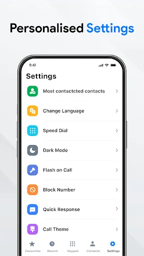 App Settings screen with customization options including contacted contacts, language, speed dial and call themes