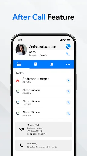 Post-call analytics showing Andreane Luettgen call details, recent calls and monthly call summary statistics