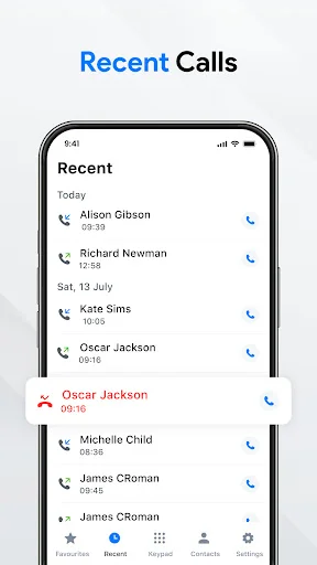 Recent Calls screen in Contacts & Phone Call app displaying call history with timestamps and call-back options