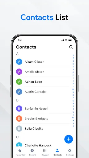 Contacts List view showing alphabetically organized contacts with search function and add new contact button