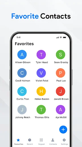 Favorite Contacts grid layout with 9 quick-access contacts featuring colorful avatars and names for easy dialing