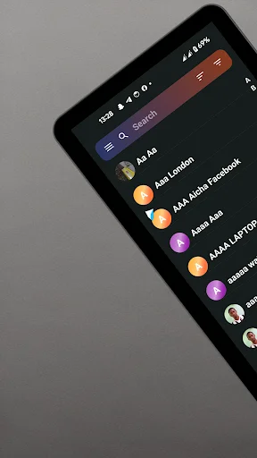 Contacts plus app displaying a scrollable list of contacts with user avatars and names in dark theme interface