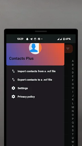 Contacts plus app menu with options to import and export contacts from vcf files, plus settings and privacy policy